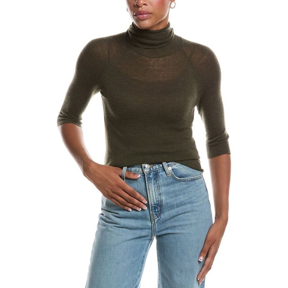 Autumn Cashmere Womens Fitted Sheer Elbow Sleeve Turtleneck 100% Cashmere